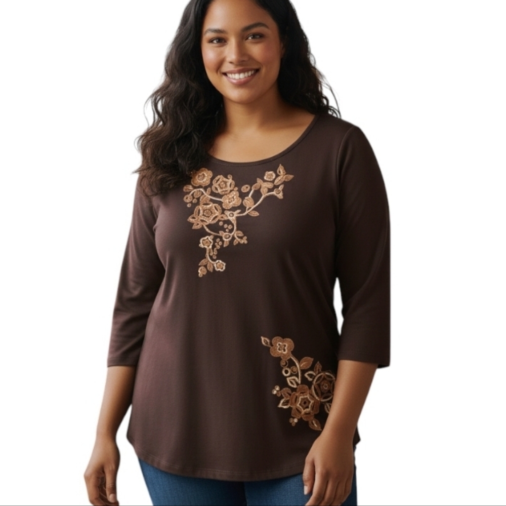 NWT Bob Mackie Dark Brown Floral Embroidered Blouse